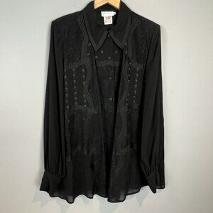 Black Button Down Blouse Womens Size 12 Corporate Goth Sheer Back Anne French